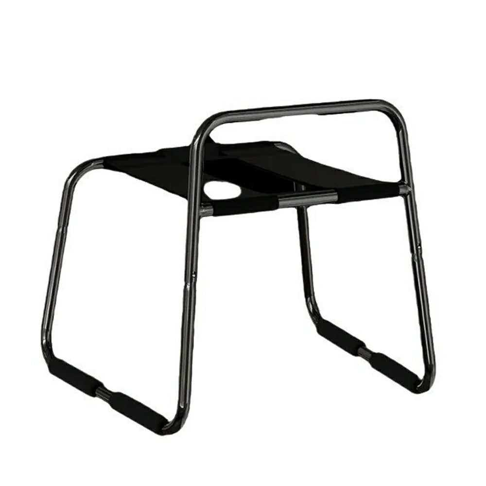 Black elastic sex chair with dual straps and square armrests.