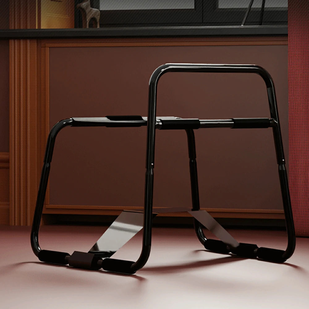 Black elastic sex chair with dual straps and square armrests.