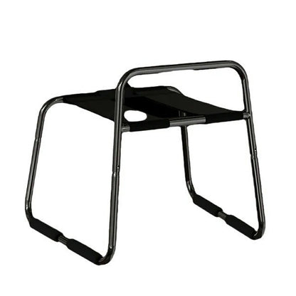 Black elastic sex chair with dual straps and square armrests.