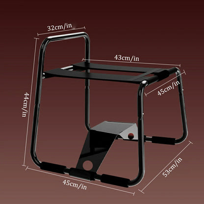 Black elastic sex chair with dual straps and square armrests.