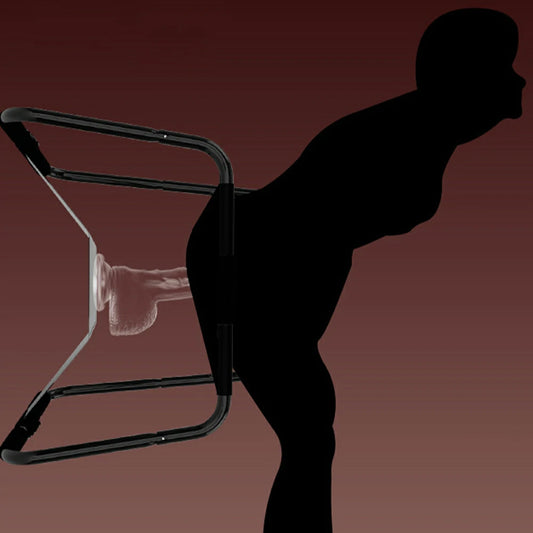 Black elastic sex chair with dual straps and square armrests.